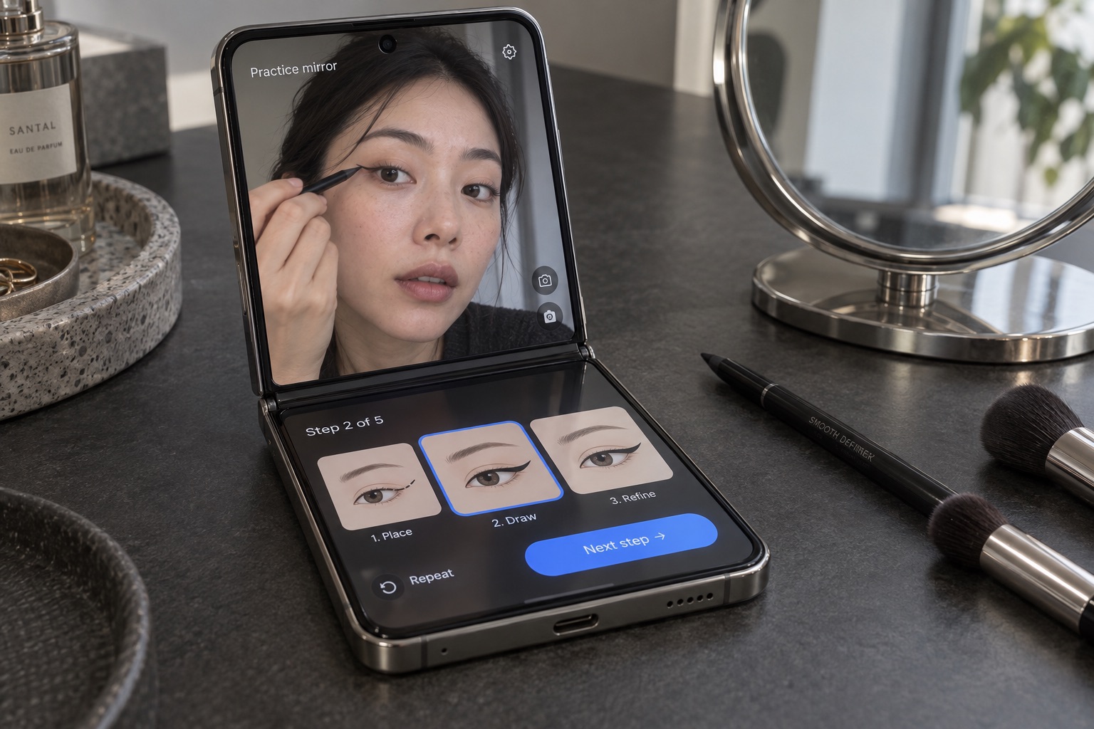 Concept of a foldable makeup practice mirror