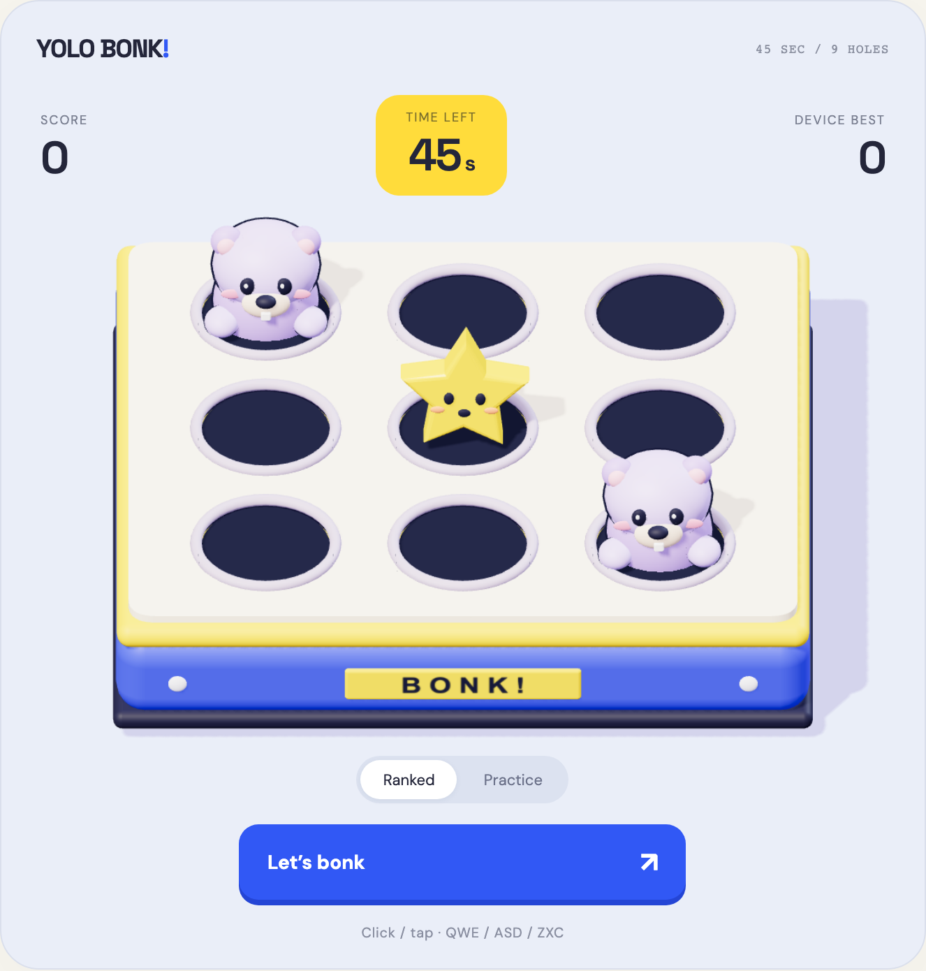 YOLO BONK! live game: a blue-and-yellow nine-hole arcade with lilac moles and a golden star