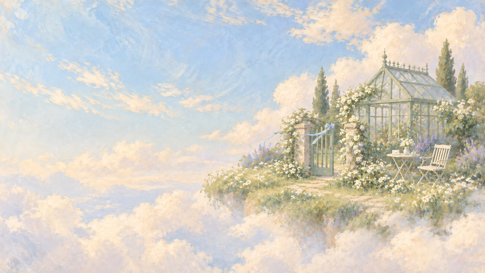 A little glass conservatory on a floating island among warm sunlit clouds
