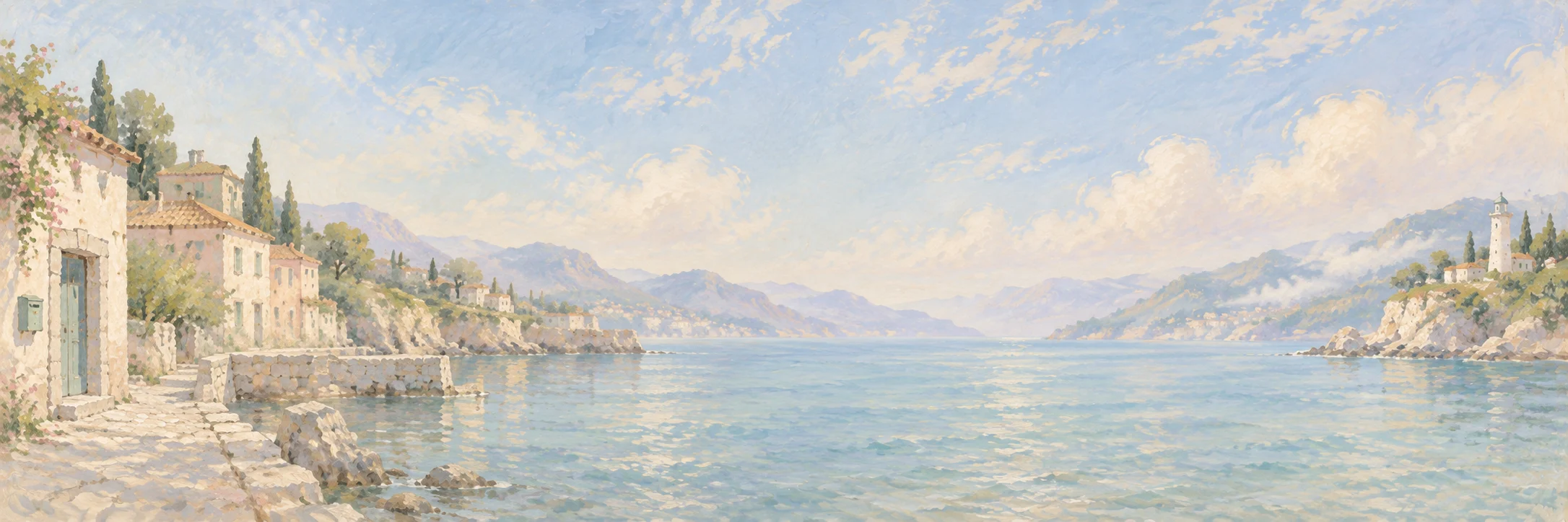 An oil-painted panorama of a sunlit harbor, pastel houses and a distant lighthouse