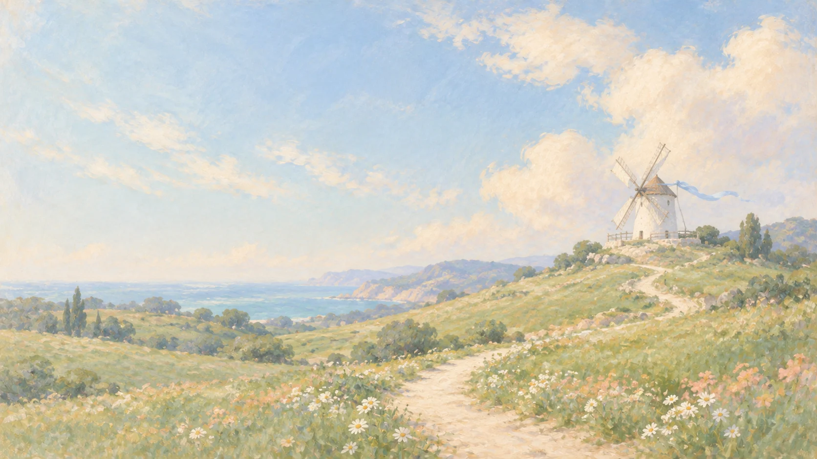 A soft impressionist hillside with daisies, a windmill and a blue ribbon in the breeze